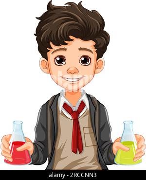 Male student cartoon holding conical flask on science class experiment illustration Stock Vector