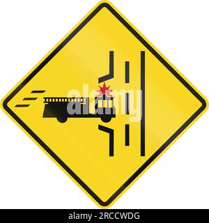 Warning road sign in Canada - Fire truck entrance on the left. This sign is used in Ontario. Stock Photo