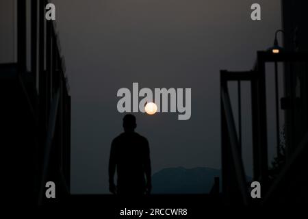 Revelstoke, British Columbia, Canada. 13th July, 2023. A man watches the sun set over the mountains of Revelstoke, Canada, against a sky shrouded in smoke from wildfires. (Credit Image: © Matias Basualdo/ZUMA Press Wire) EDITORIAL USAGE ONLY! Not for Commercial USAGE! Stock Photo