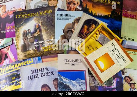 Russia - December 2020: Religious literature of Jehovah's Witnesses - organization banned in Russia. Publications of the early 2000s in Russian Stock Photo