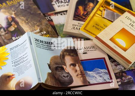 Russia - December 2020: Religious literature of Jehovah's Witnesses - organization banned in Russia. Publications of the early 2000s in Russian Stock Photo