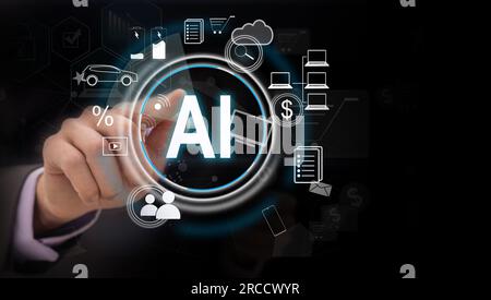 Hand of woman holding AI text with HUD network and futuristic technology concept Stock Photo