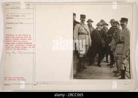 Secretary of War Newton D. Baker and his party visiting Fort de Marre in Verdun, France during World War I. Secretary Baker is in the center, with Brig. Gen. Douglas MacArthur and Capt. Detweiler, a French officer, on the left. Major General McAndrews is also present. This photograph is not for public publication and is marked for official use only. Stock Photo