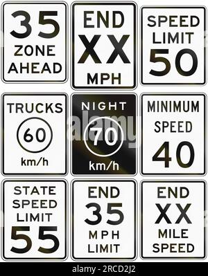 Collection of speed limit signs used in the USA. Stock Photo