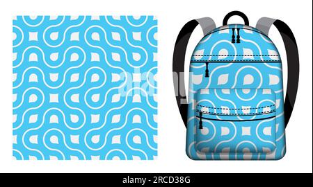 Children school backpack decorated abstract geometric blue seamless pattern with lines and fractal ornament. Vector ornament for design of posters and Stock Vector