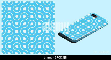 Modern smartphone in unique case decorated abstract geometric blue seamless pattern with lines and fractal ornament. Isometric top view. Vector orname Stock Vector