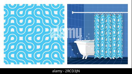 Bathroom interior with bathtub and curtain decorated abstract geometric SEAMLESS pattern with lines and fractal ornament. Vector illustration, ornamen Stock Vector