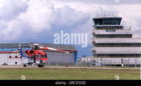 G-WNSE Sikorsky S92 at Aberdeen International Airport with NATS control Tower Stock Photo