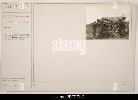 Cpl R. H. Ingleston of the American military captured this photograph on July 27, 1918, in Epieds, France, during World War One. The image shows a Sumber 5 inch Austrian howitzer that was abandoned by retreating enemy forces. The exact date of issuance is unknown. Stock Photo