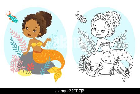 Afro American Mermaid Coloring Page for Kids Stock Vector Image & Art ...