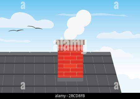 chimney smoke and roof; house heating, air pollution, carbon dioxide concept- vector illustration Stock Vector