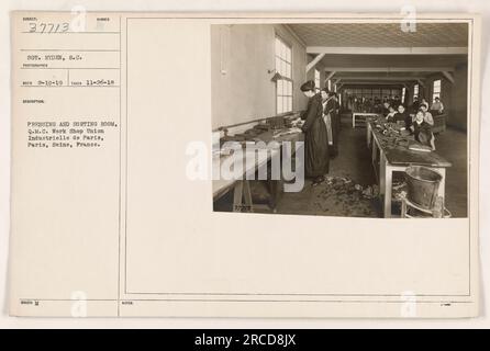 Sgt. Ryden captured this photo on November 26, 1918, at the Sumber Pressing and Sorting Room in the Q.M.C. Work Shop Union Industrielle de Paris in Paris, Seine, France. The image is numbered 111-SC-37713 and was received by the photographer on February 10, 1919. Stock Photo