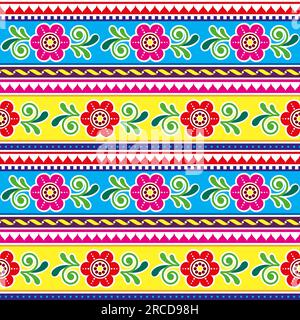 Pakistani or Indian truck art vector seamless  pattern with  flowers and leaves, decorative wallpaper, textile or fabric print design Stock Vector