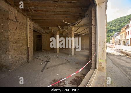 Altenahr, Germany. 06th July, 2023. View into a destroyed restaurant. Two years after the flood disaster on the Ahr River, several inns in Altenahr have not yet been rebuilt. (to dpa: 'Commemoration on the second anniversary of the deadly flood disaster in the Ahr valley') Credit: Thomas Frey/dpa/Alamy Live News Stock Photo