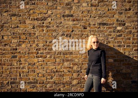 Attractive blonde posing against brick wall Stock Photo