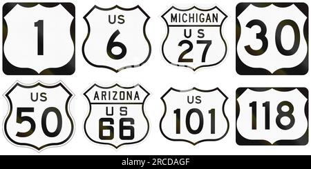 Collection of numbered road signs used in the USA Stock Photo - Alamy
