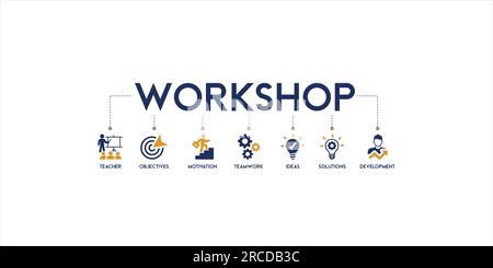 Workshop banner web icon vector illustration concept with icon and symbol of teacher, objectives, motivation, teamwork, ideas, solution, and develop Stock Vector
