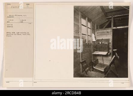 Interior view of the dental room in Camp Hospital 64 located in Chatillon sur Seine, Cote d'Or, France during World War One. The image was taken by Sgt. A.L. Villanova on April 14, 1919. It is labeled as issued number 15 with a date of January 25, 1919. Stock Photo