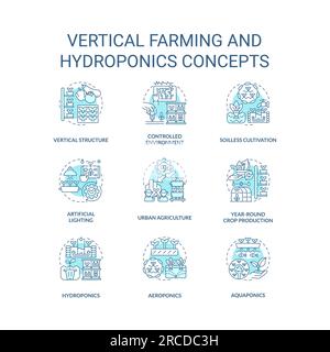 Blue icons for vertical farming and hydroponics concepts Stock Vector