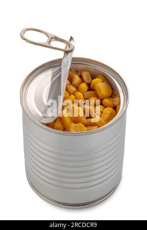 Canned sweet corn view in open tin can isolated on white with clipping path included Stock Photo