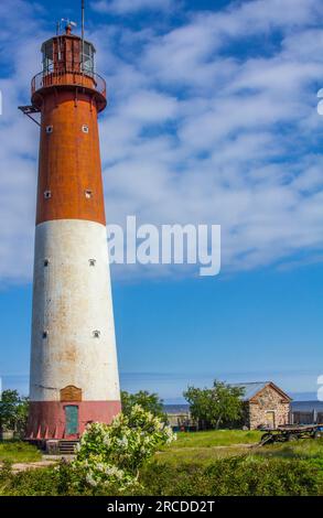 The first Russian metal (cast iron) lighthouse, built in 1858, on Seskar Island, Gulf of Finland, Baltic Sea Stock Photo