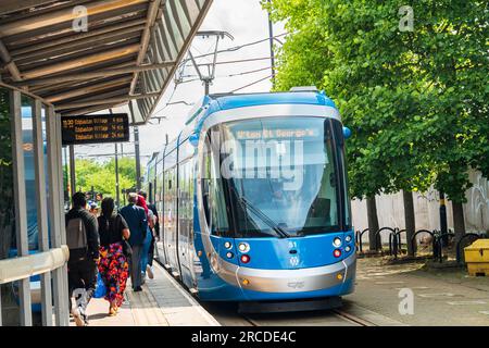 Wolverhampton, UK - July 13 2023: People queing for the West Midlands Metro at the St George's stop in Wolvverhampton, UK Stock Photo