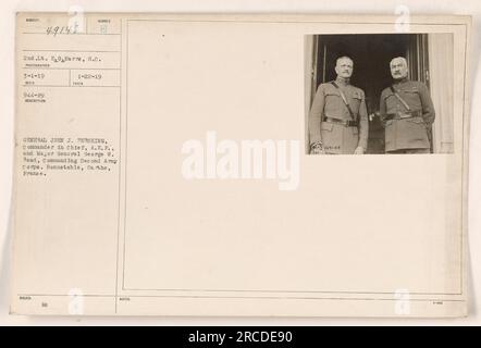 General John J. Pershing, Commander in Chief of the American Expeditionary Forces (A.E.F.), is seen here alongside Major General George W. Read, who was commanding the Second Army Corps. The photograph was taken in Bonnetable, Sarthe, France on January 3, 1919. It was taken by Second Lieutenant E.O. Harre, S.c. Stock Photo