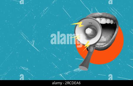 Human hand with megaphone and female open mouth on blue background. Modern design, modern art collage. Inspiration, idea, trendy urban magazine style. Stock Photo