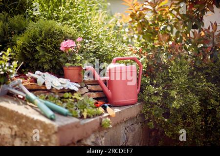 Collection of gardening tools and accessories. From sturdy shovels and pruning shears to colorful gardening gloves and watering cans, essential equipm Stock Photo