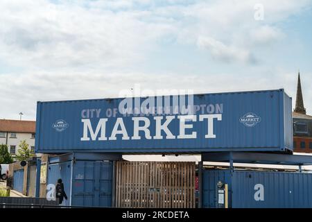 Wolverhampton, UK - July 13 2023:  Containers marking the entrance to Wolverhampton Market in the City Stock Photo