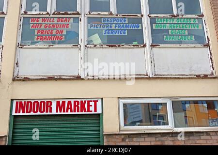 Northwich indoor market, shuttered with framing outlet above, 4 Apple Market St, Northwich, Cheshire, England, UK,  CW9 5BB Stock Photo