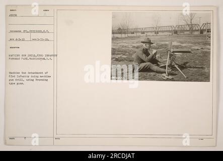 Soldiers from the 63rd Infantry are seen conducting a machine gun drill in Potomac Park, Washington, D.C. The soldiers are using Browning type guns for their training. This photograph, taken on March 31st, 1919 by CPL. Steinger, S. C., shows the precision and practice required for the soldiers' military activities during World War One. Stock Photo