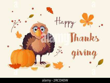 thanksgiving card turkey leaves and pumpkin. Vector illustration Stock Vector