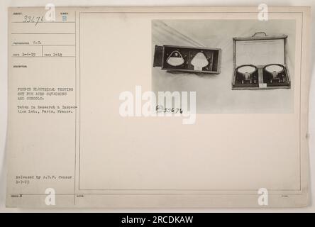The photograph features a French electrical testing set for Aero Squadrons and schools. It was taken on January 18th in the Research & Inspection Lab in Paris, France. The image was released by the A.E.F. Censor on January 7th, 1919. Note: Number B is not specified in the caption information. Stock Photo