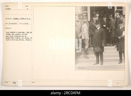 Hon. Robert L. Lansing, Secretary of State and member of the American Commission to Negotiate Peace, photographed on the steps of Hotel Crillon, Paris, France in 1919. The image was taken by the Signal Corps, U.S.A. and numbered 61803. It is a factual photograph documenting a significant historical figure and event. Stock Photo