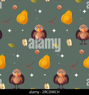 Seamless thanksgiving turkey pumpkin and apple pattern. Isolated vector illustration Stock Vector