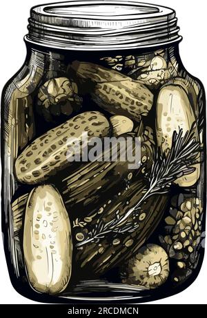 Pickled cucumbers in jar. Salted homemade cucumbers. Vegetables marinated in a glass jar with dill and spices. Pickled cucumbers. Vector illustration. Stock Vector