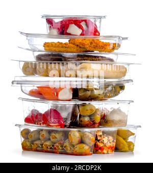 Variety of prepackaged food products in plastic boxes isolated on white background Stock Photo