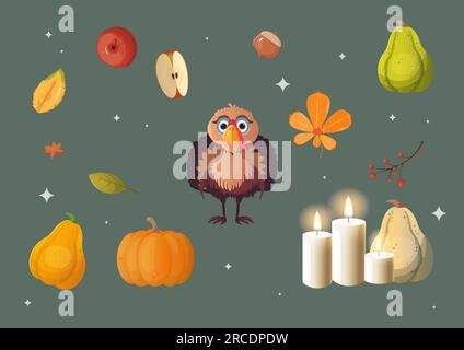 Thanksgiving elements. Turkey, pumpkin, leaves, candles, apple, slice, berries. on Green background. Isolated vector illustration Stock Vector