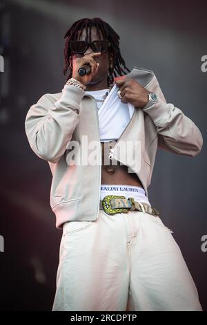 Tonsberg, Norway. 12th, July 2023. The Nigerian singer and rapper Rema performs a live concert during the Norwegian music festival Slottsfjell 2023 in Tonsberg near Oslo. Photo credit: Gonzales Photo - Tord Litleskare). Stock Photo