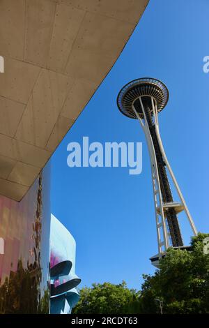 Museum of Pop Culture and the Space Needle landmarks at the Seattle Centre Seattle Washington State USA Stock Photo