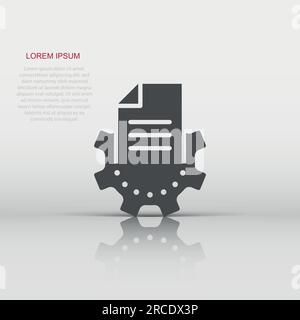 Document with gear icon in flat style. Big data processing vector illustration on white isolated background. Paper sheet software solution business co Stock Vector