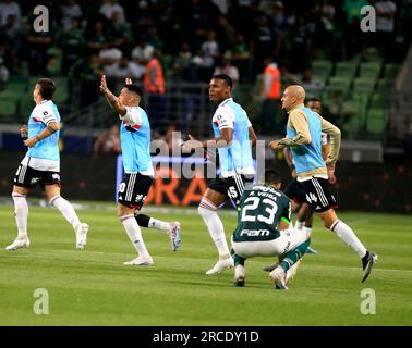 Sao Paulo, Brazil. 13th July, 2023. Celebration during the match between Palmeiras and Sao Paulo at Allianz Parque in Sao Paulo, Brazil (Fernando Roberto/SPP) Credit: SPP Sport Press Photo. /Alamy Live News Stock Photo