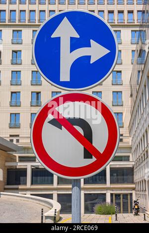 Directional Arrows Straight and Right With No Left Turn Road Sign Stock Photo