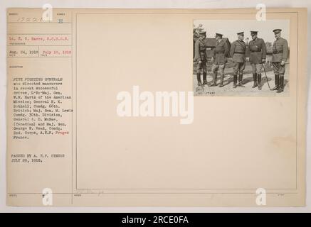 Five fighting generals are seen in this image taken on July 18, 1918. From left to right, they are: Maj. Gen. F.W. Hartz of the American Mission; General H. K. Bothell, Commanding Officer of the 66th British Regiment; Maj. Gen. M. Lewis, Commanding Officer of the 30th Division; General A. D. McRae, Canadian general; and Maj. Gen. George W. Read, Commanding Officer of the 2nd Corps, A.E.F. The photograph was taken in Fruges, France during World War One. Stock Photo