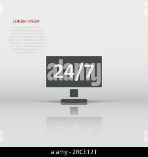 24/7 computer icon in flat style. All day service vector illustration on white isolated background. Support business concept. Stock Vector