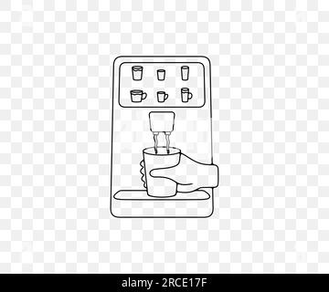 Hand taking coffee cup in vending coffee machine, linear graphic design. Coffee shop, beverage, drink, drinking, food and meal, vector design Stock Vector