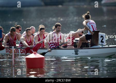 The boat from Roter Drache Muelheim, action, feature, marginal motifs, symbolic photo, final dragon boat mixed, canoe parallel sprint, canoe competitions on July 9th, 2023 in Duisburg/ Germany. The finals 2023 Rhine-Ruhr from 06.07 - 09.07.2023 Stock Photo