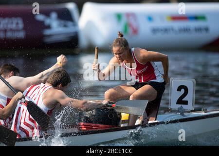 The boat of Roter Drache Muelheim, action, feature, marginal motifs, symbolic photo, final dragon boat mixed, canoe parallel sprint, canoe competitions on July 9th, 2023 in Duisburg/ Germany. The finals 2023 Rhine-Ruhr from 06.07 - 09.07.2023 Stock Photo