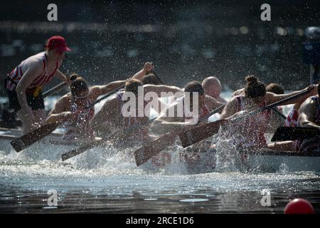 The boat from Roter Drache Muelheim, action, feature, marginal motifs, symbolic photo, final dragon boat mixed, canoe parallel sprint, canoe competitions on July 9th, 2023 in Duisburg/ Germany. The finals 2023 Rhine-Ruhr from 06.07 - 09.07.2023 Stock Photo